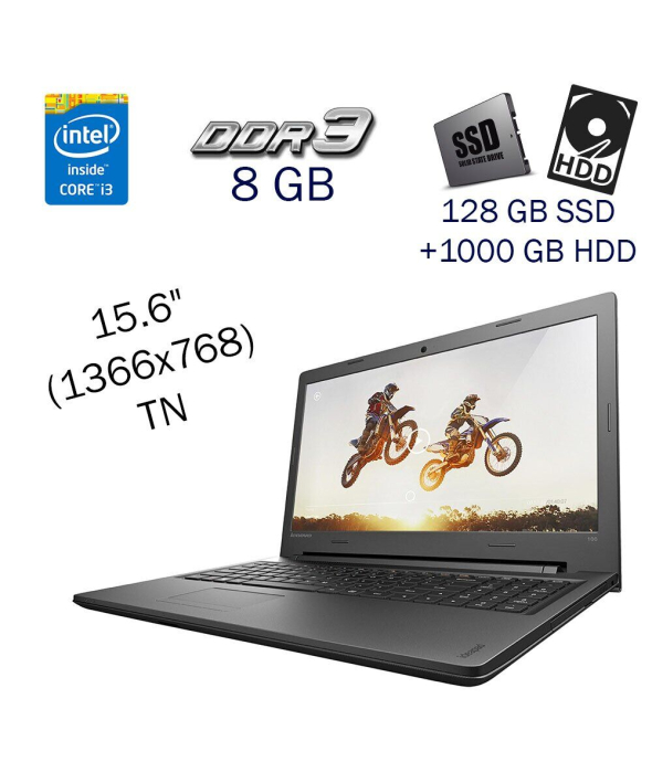 Игровой ноутбук Lenovo IdeaPad 100-15IBD / 15.6&quot; (1366x768) TN / Intel Core i3-5005U (2 (4) ядра по 2.0 GHz) / 8 GB DDR3 / 128 GB SSD+1000 GB HDD / nVidia GeForce 920MX, 2 GB GDDR5, 64-bit / WebCam / Windows 10 PRO Lic - 1