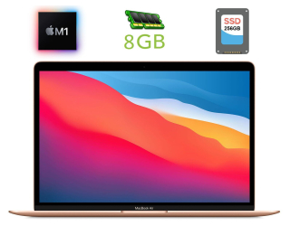 БУ Ноутбук Apple MacBook Air A2337 (2020) / 13.3&quot; (2560x1600) IPS / Apple M1 (8 ядер по 2.1 - 3.2 GHz) / 8 GB DDR3 / 256 GB SSD / Apple M1 GPU / WebCam из Европы в Одесі